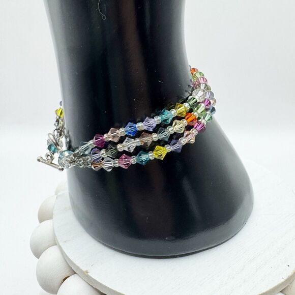 Colorful Rainbow Bicone Crystal Bead Triple Strand Bracelet Sterling Silver - Picture 2 of 8